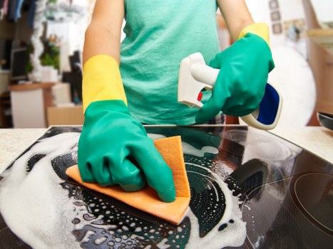 Window cleaning supplies and equipment arranged for a detailed cleaning job