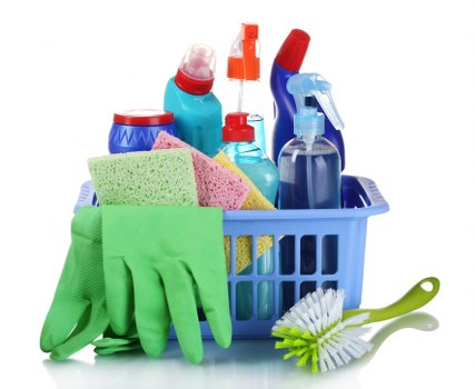 Weekly house cleaning checklist beside supplies